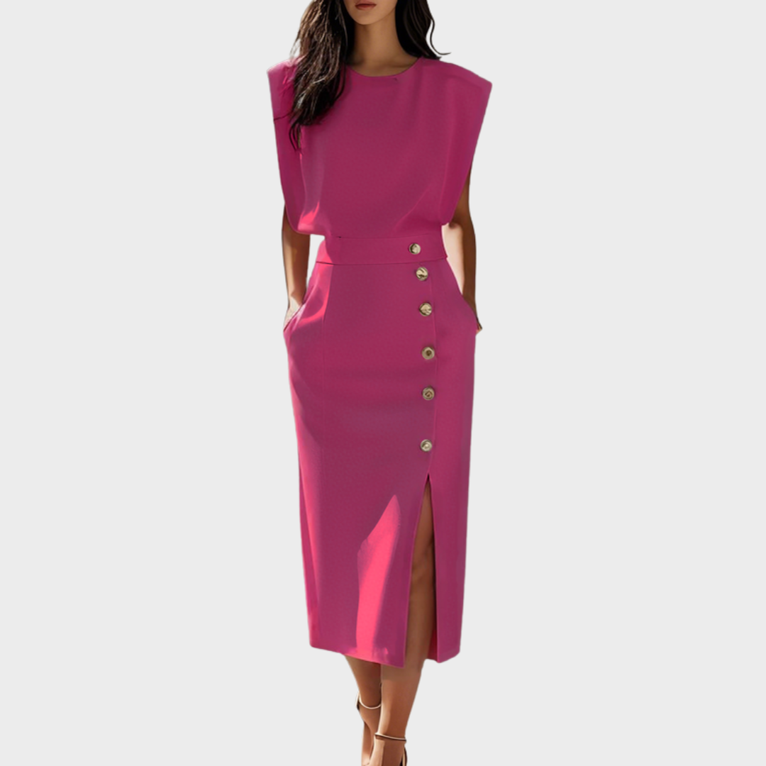 Berta™ | Midi-Kleid mit Knopfsplit und runder Halslinie