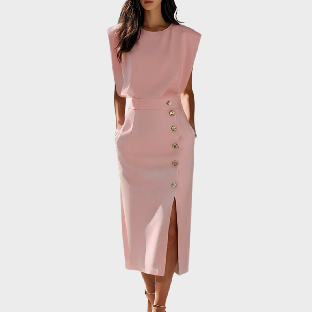 Berta™ | Midi-Kleid mit Knopfsplit und runder Halslinie