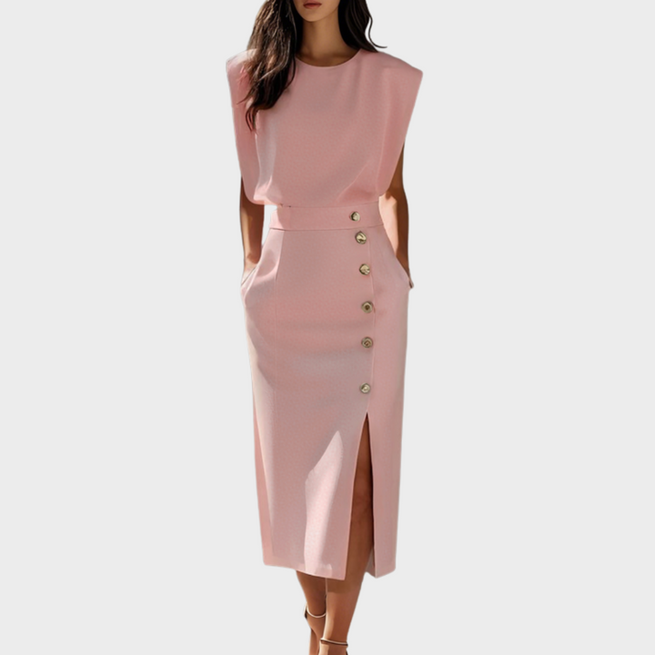Berta™ | Midi-Kleid mit Knopfsplit und runder Halslinie