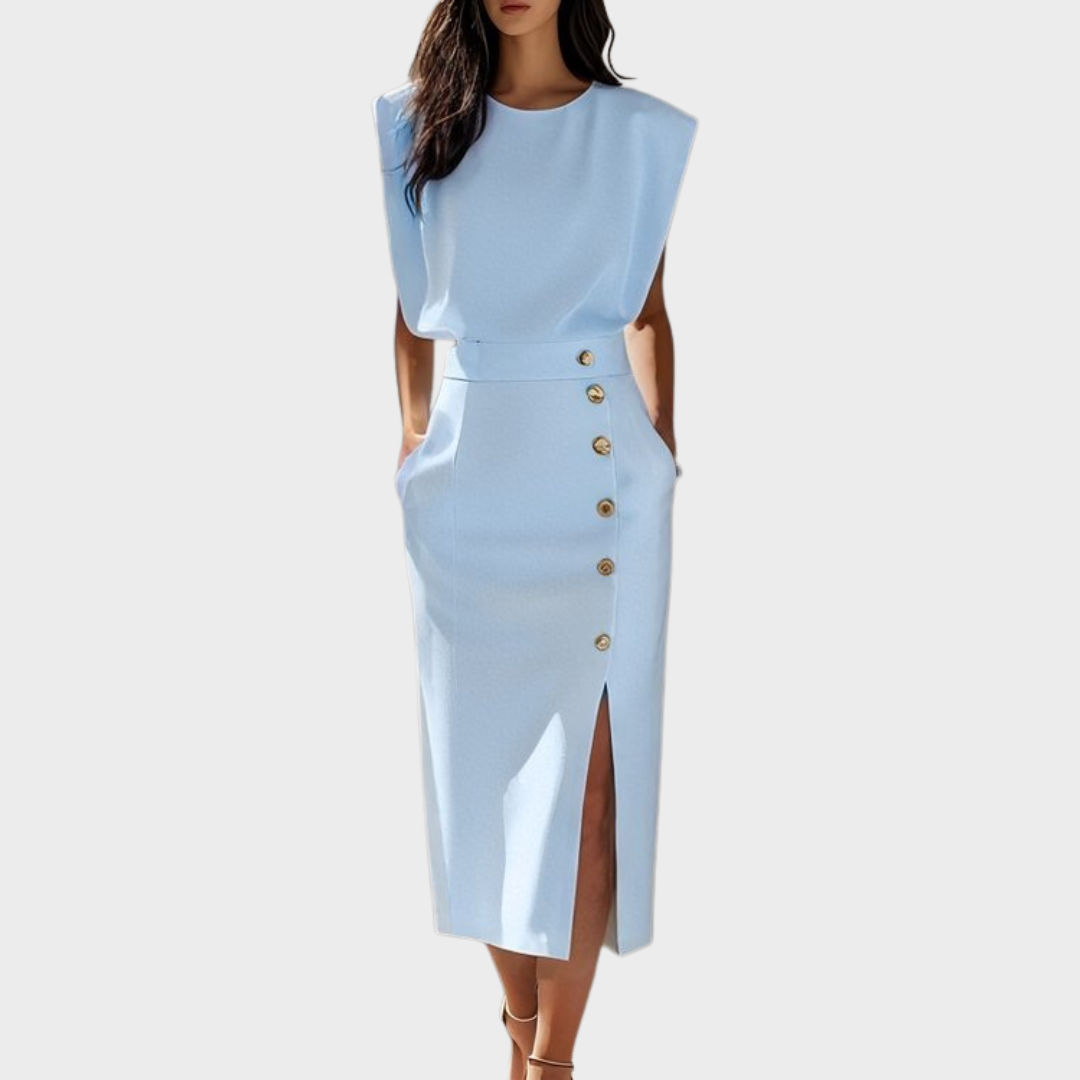 Berta™ | Midi-Kleid mit Knopfsplit und runder Halslinie
