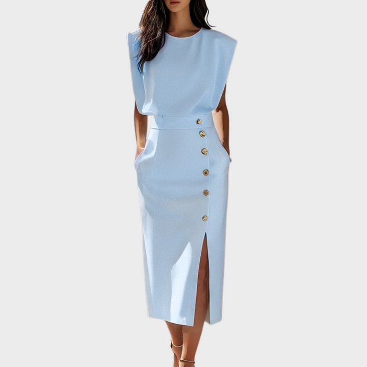 Berta™ | Midi-Kleid mit Knopfsplit und runder Halslinie