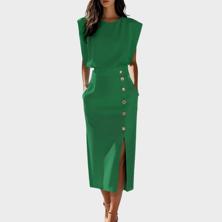 Berta™ | Midi-Kleid mit Knopfsplit und runder Halslinie