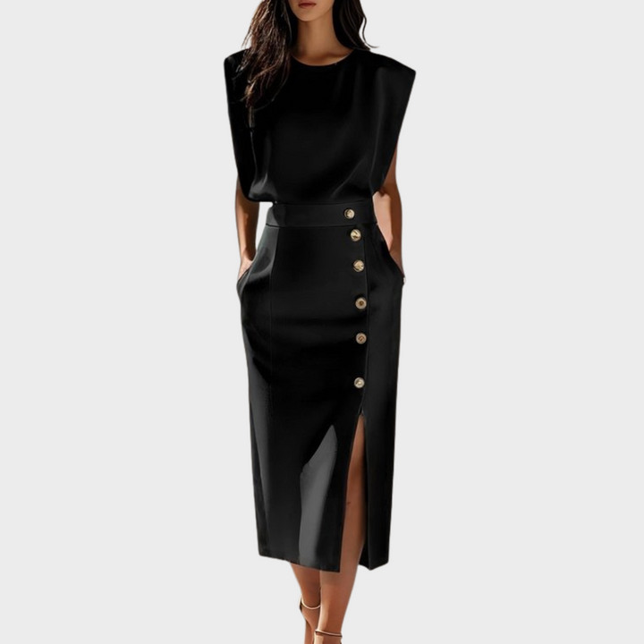 Berta™ | Midi-Kleid mit Knopfsplit und runder Halslinie