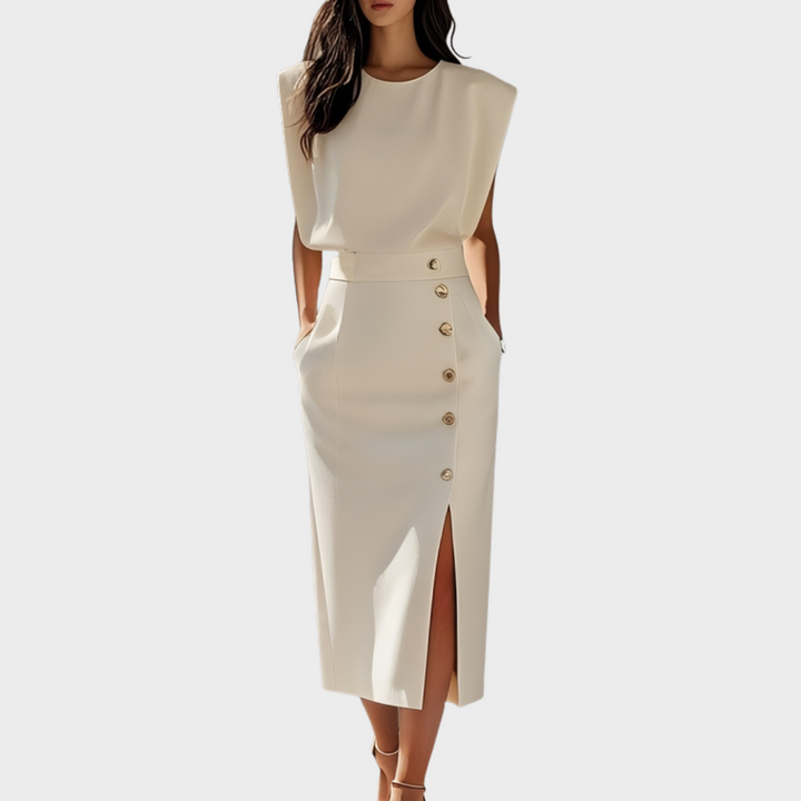 Berta™ | Midi-Kleid mit Knopfsplit und runder Halslinie