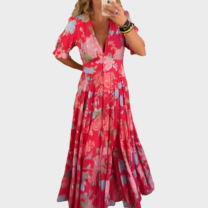 Carine™ | Kleid mit Taschen und V-Ausschnitt im Blumenmuster